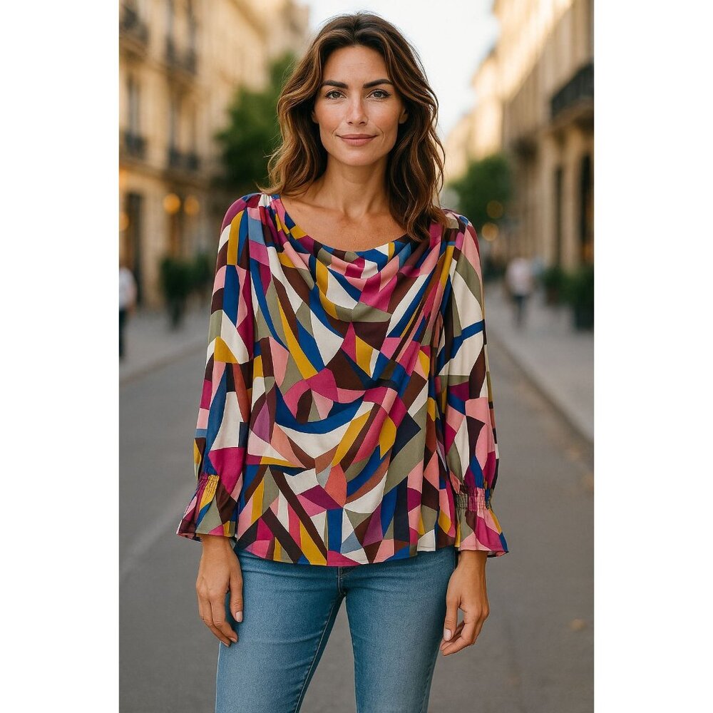 Ashley Stewart Womens Multicolor Geometric Print Long Sleeve Top Size 10/12W New